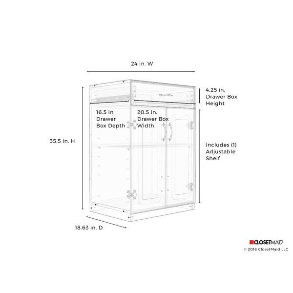 ClosetMaid Dimensions 36” H x 24” W x 19” D 2 Door and Single Drawer